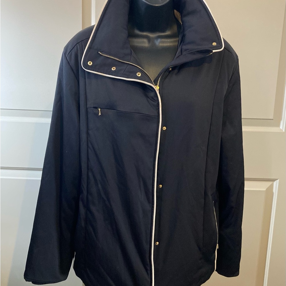 Marker Women’s black coat with White Trim and gold hardware
